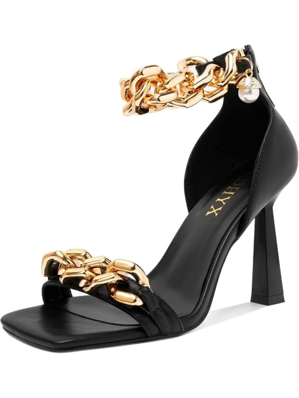Chic Women's Stiletto Heel Sandals with Square Open Toe, Chain & Pearl Details
